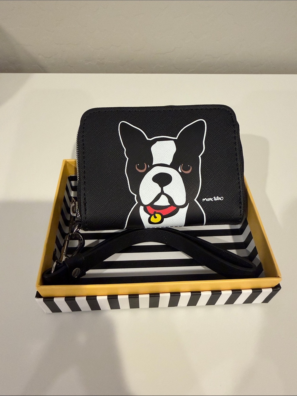 Marc Tetro Black Zip Wallet with Boston Terrier Graphic and Wrist Strap